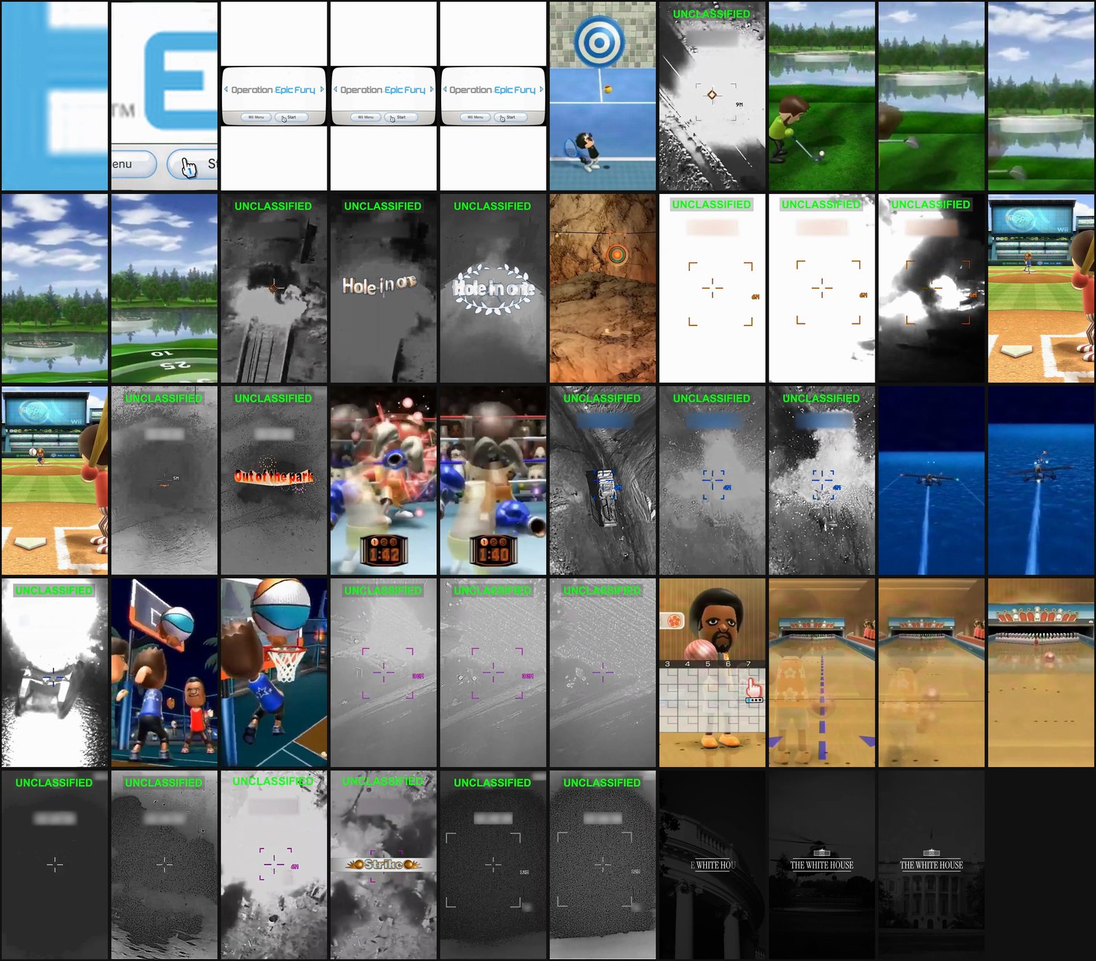 Planche contact de la vidéo Wii Sports de la Maison Blanche, une image par seconde : séquences de jeu, séquences de frappe, cartons de victoire du jeu.